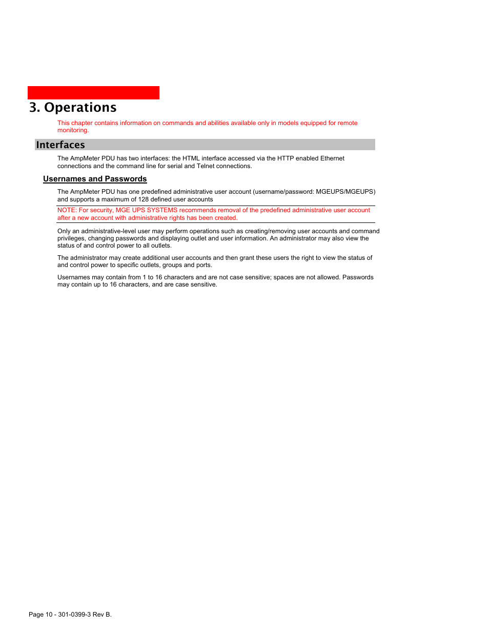 Perations, Interfaces, Nterfaces | Usernames and passwords, Operations | MGE UPS Systems AmpMeter PDU User Manual | Page 10 / 52