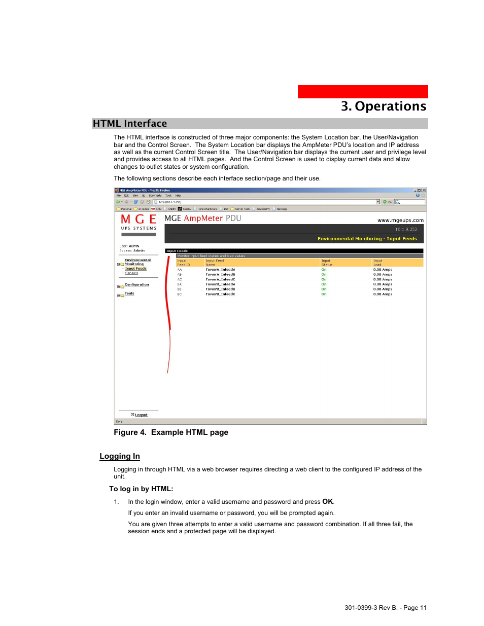 Html interface, Html, Nterface | Logging in, Operations | MGE UPS Systems AmpMeter PDU User Manual | Page 11 / 52