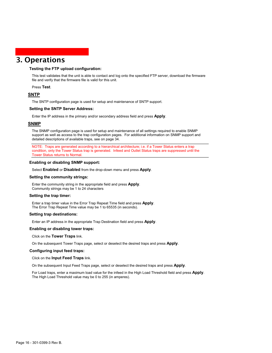 Sntp, Snmp, Operations | MGE UPS Systems AmpMeter PDU User Manual | Page 16 / 52