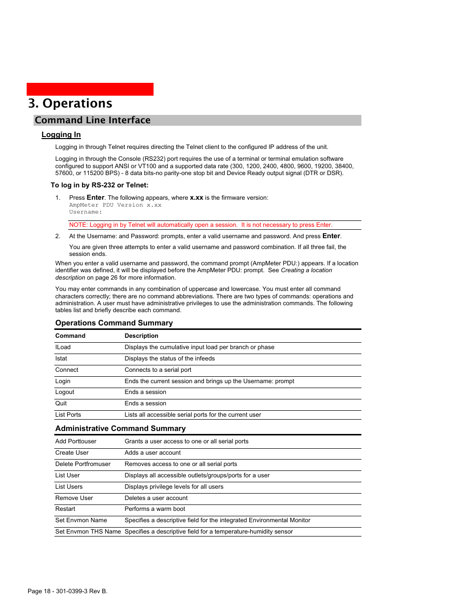 Command line interface, Ommand, Nterface | Logging in, Operations | MGE UPS Systems AmpMeter PDU User Manual | Page 18 / 52