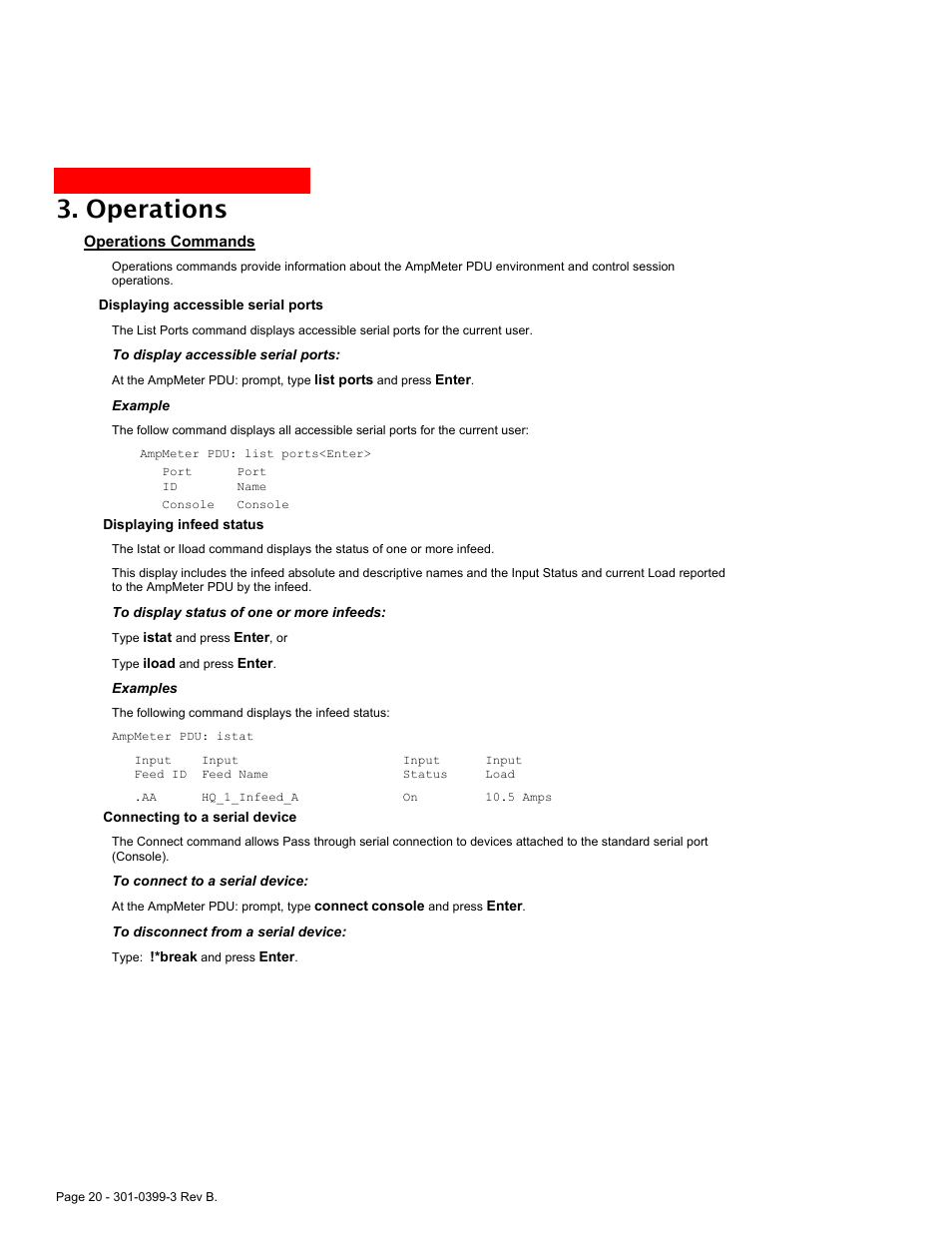 Operations commands, Operations | MGE UPS Systems AmpMeter PDU User Manual | Page 20 / 52
