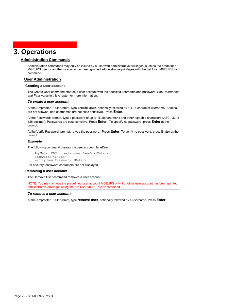 Administration commands, User administration, Operations | MGE UPS Systems AmpMeter PDU User Manual | Page 22 / 52