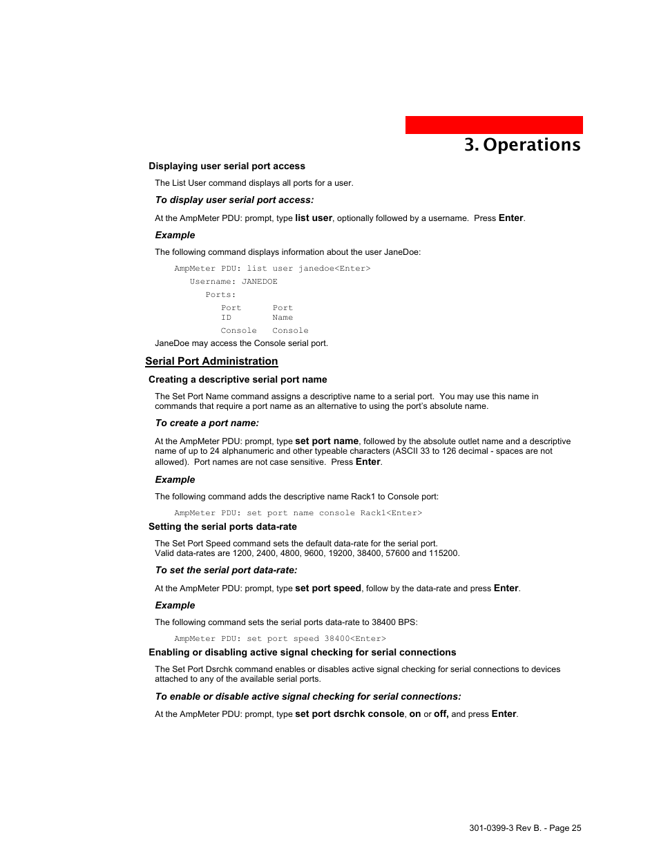 Serial port administration, Operations | MGE UPS Systems AmpMeter PDU User Manual | Page 25 / 52