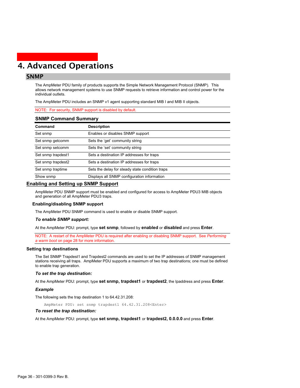 Snmp, Snmp 36, Enabling and setting up snmp support | Advanced operations | MGE UPS Systems AmpMeter PDU User Manual | Page 36 / 52