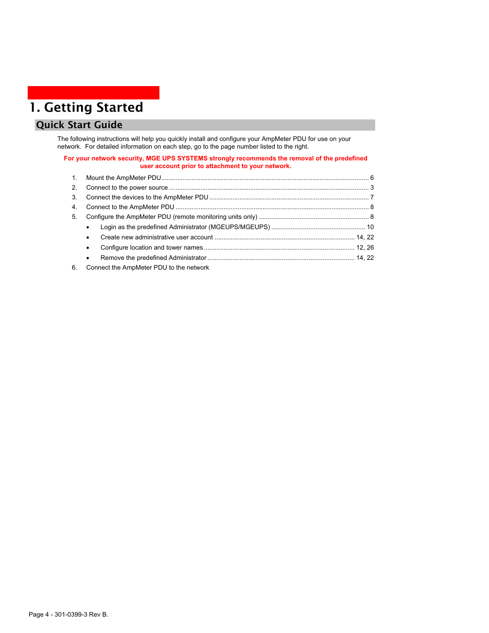 Etting, Tarted, Quick start guide | Getting started | MGE UPS Systems AmpMeter PDU User Manual | Page 4 / 52