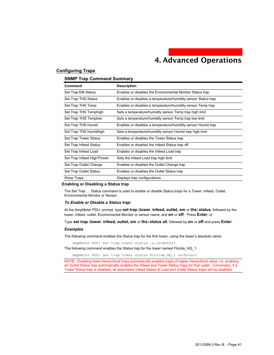 Configuring traps, Advanced operations | MGE UPS Systems AmpMeter PDU User Manual | Page 41 / 52