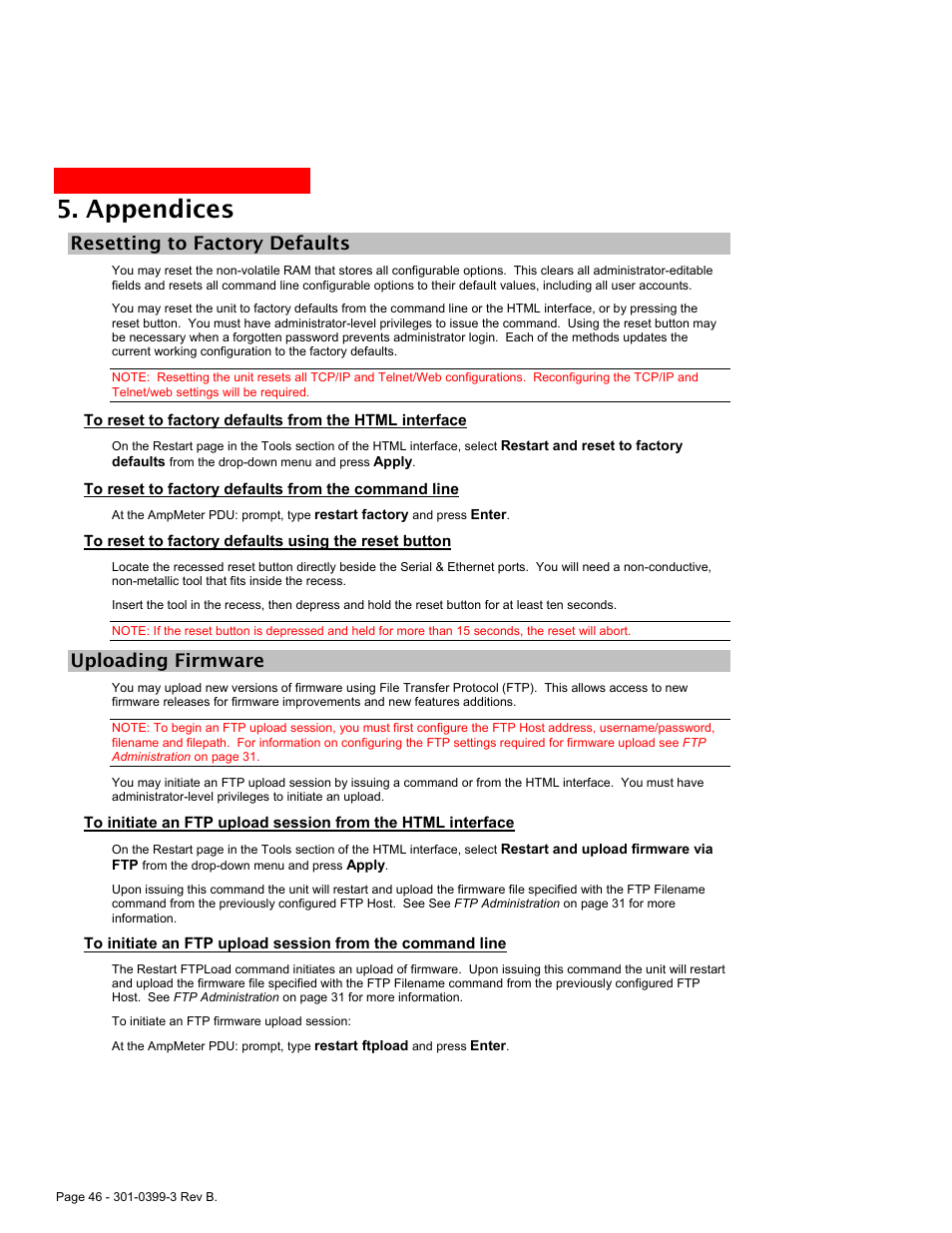 Resetting to factory defaults, Uploading firmware, Esetting to | Actory, Efaults, To reset to factory defaults from the command line, Ploading, Irmware, Appendices | MGE UPS Systems AmpMeter PDU User Manual | Page 46 / 52