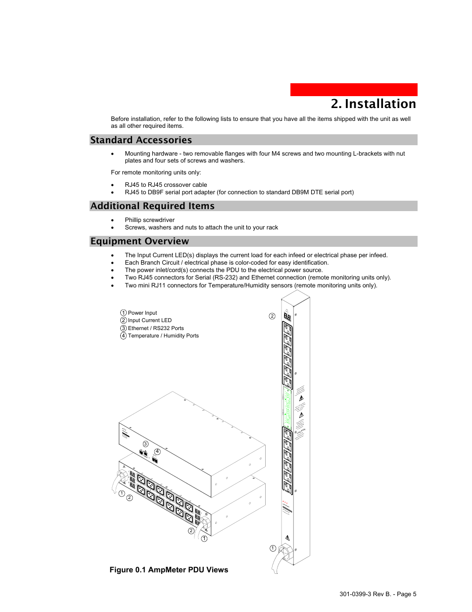 Nstallation, Standard accessories, Additional required items | Equipment overview, Installation, Figure 0.1 ampmeter pdu views, Le d 1, Le d 2, Am pm ete r pd u, I i i | MGE UPS Systems AmpMeter PDU User Manual | Page 5 / 52