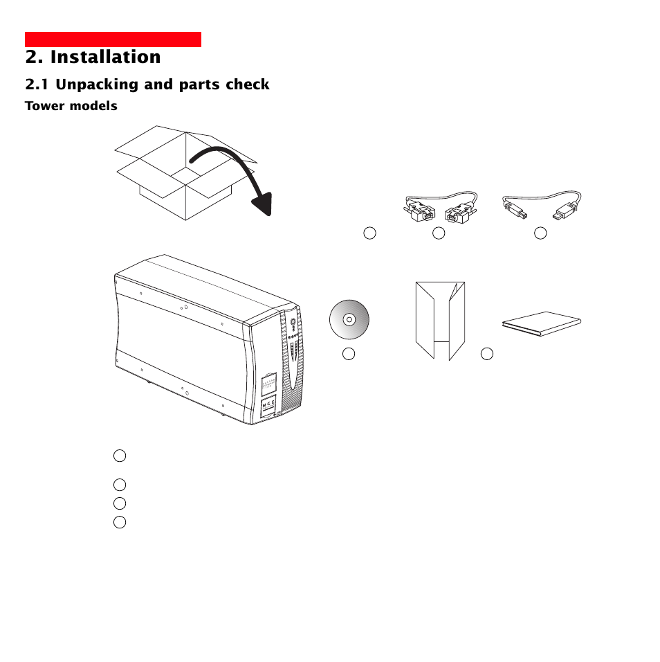 Installation, 1 unpacking and parts check, Tower models | MGE UPS Systems 1500 Tower User Manual | Page 10 / 36