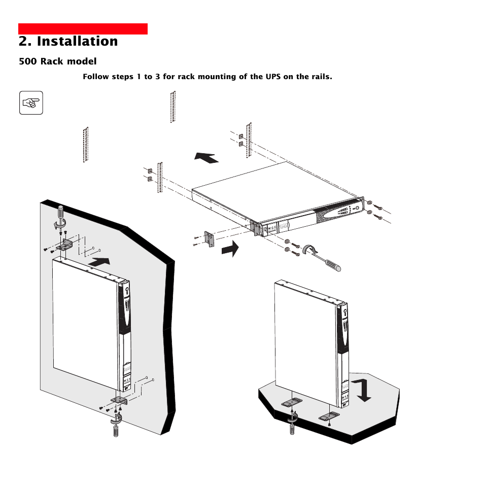 Installation, 500 rack model, Page 14 | Wall mount configuration floor mount configuration | MGE UPS Systems 1500 Tower User Manual | Page 14 / 36