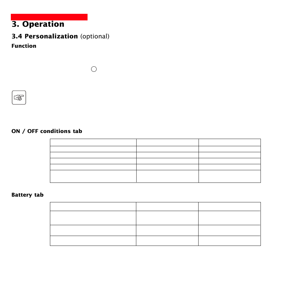 Operation, 4 personalization (optional), Function | Battery tab, On / off conditions tab | MGE UPS Systems 1500 Tower User Manual | Page 20 / 36