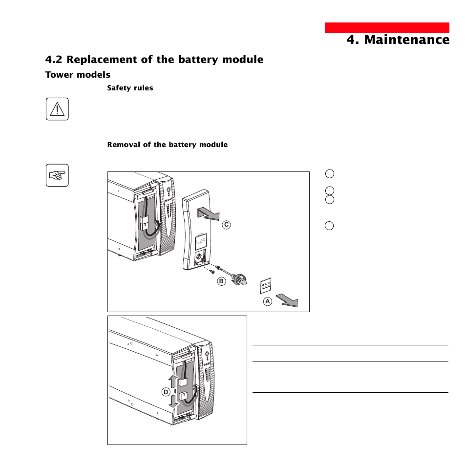 Maintenance, 2 replacement of the battery module, Tower models | MGE UPS Systems 1500 Tower User Manual | Page 23 / 36