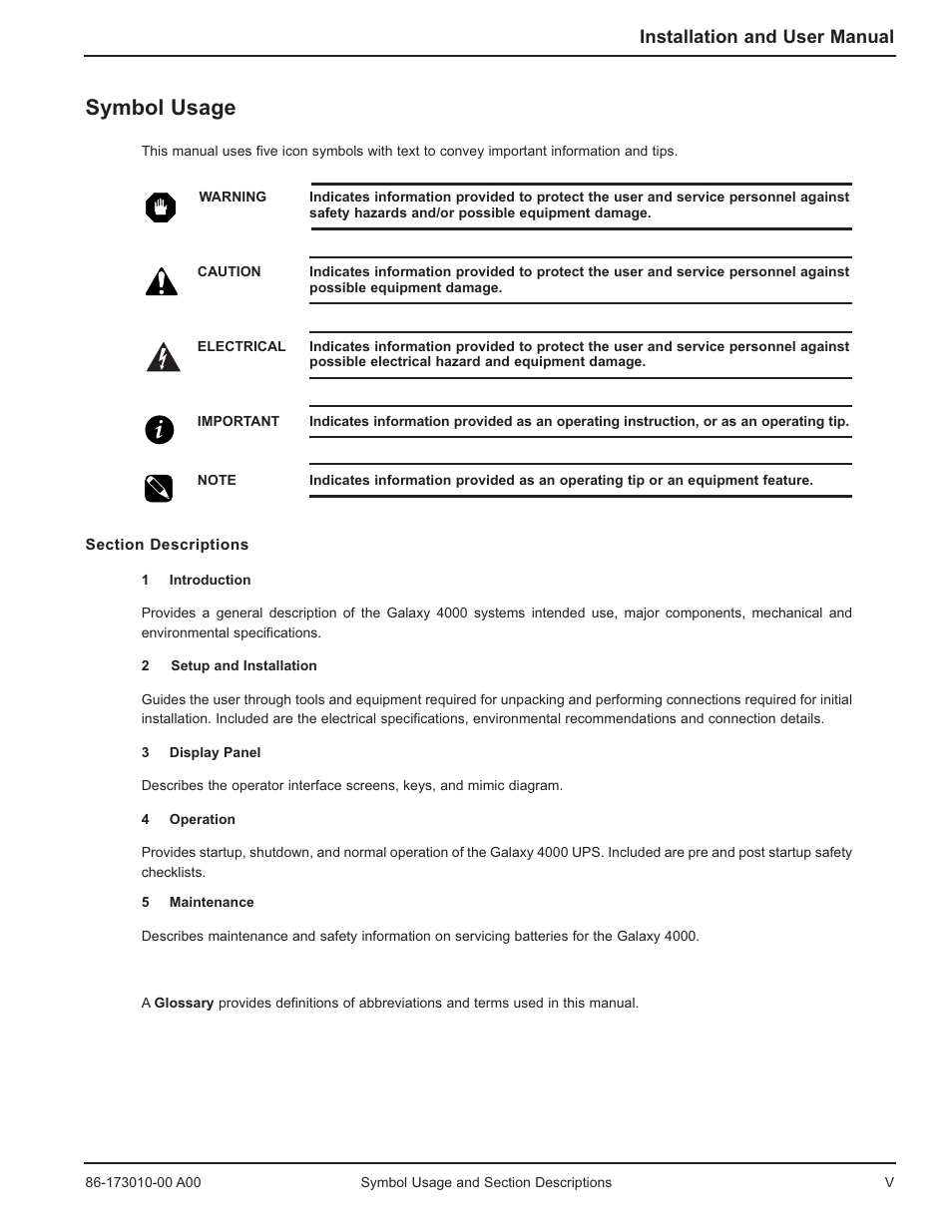 Symbol usage, Installation and user manual | MGE UPS Systems 40-75KVA User Manual | Page 11 / 56