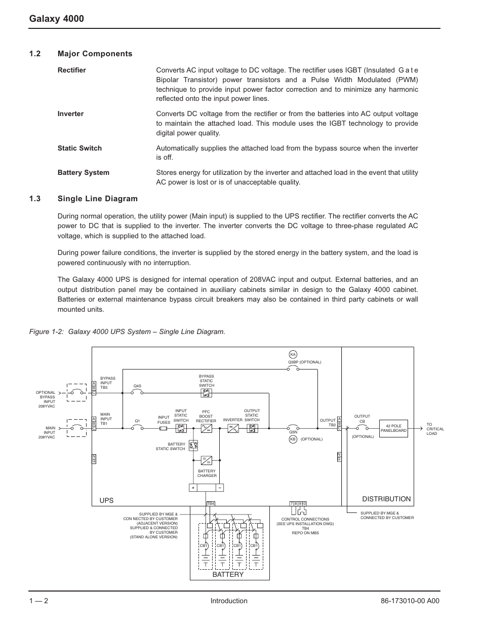 Galaxy 4000, 2 major components, 3 single line diagram | Distribution battery | MGE UPS Systems 40-75KVA User Manual | Page 14 / 56