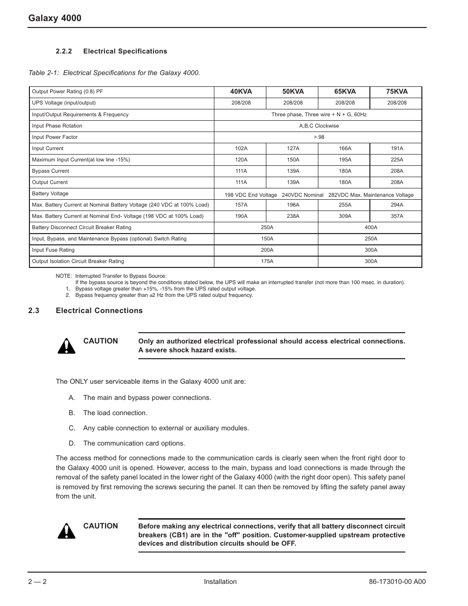 Galaxy 4000, 3 electrical connections caution, Caution | MGE UPS Systems 40-75KVA User Manual | Page 20 / 56