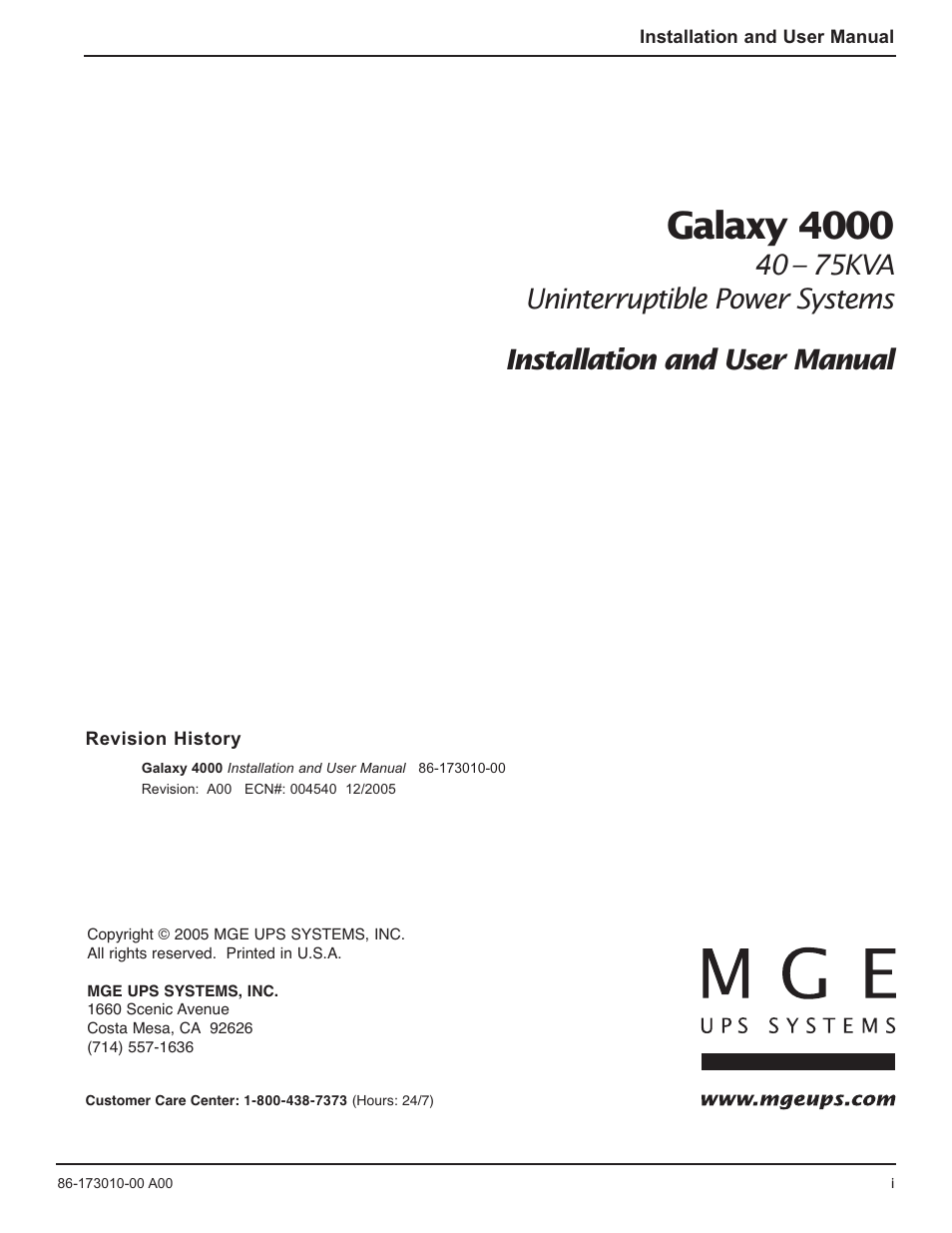 Galaxy 4000 | MGE UPS Systems 40-75KVA User Manual | Page 3 / 56