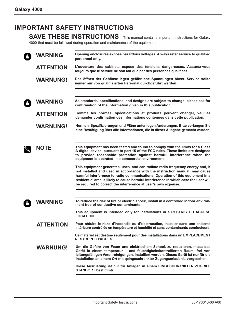 Warning, Attention, Warnung | MGE UPS Systems 40-75KVA User Manual | Page 4 / 56