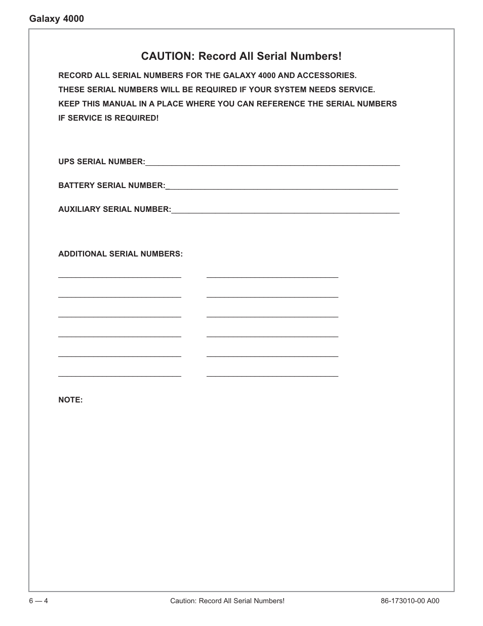 Caution: record all serial numbers | MGE UPS Systems 40-75KVA User Manual | Page 46 / 56