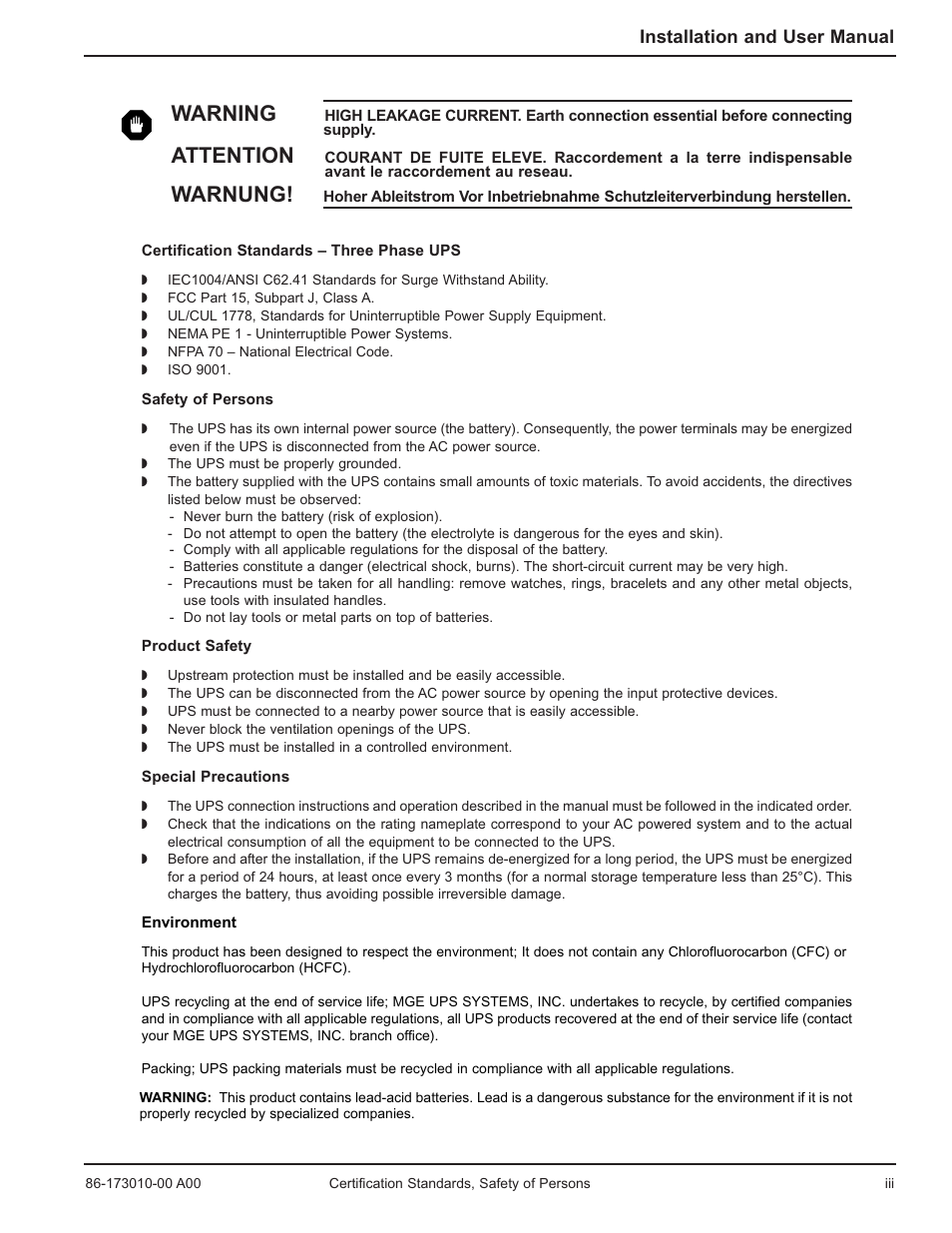 Warning, Attention, Warnung | MGE UPS Systems 40-75KVA User Manual | Page 5 / 56