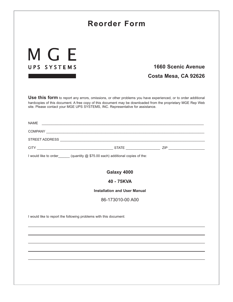 Reorder form | MGE UPS Systems 40-75KVA User Manual | Page 51 / 56