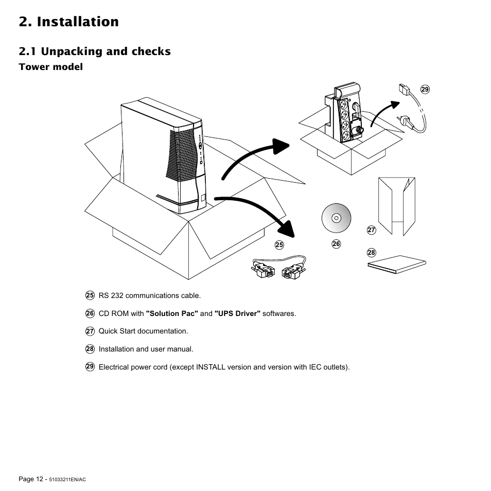 Installation, 1 unpacking and checks | MGE UPS Systems 3000 VA User Manual | Page 12 / 34