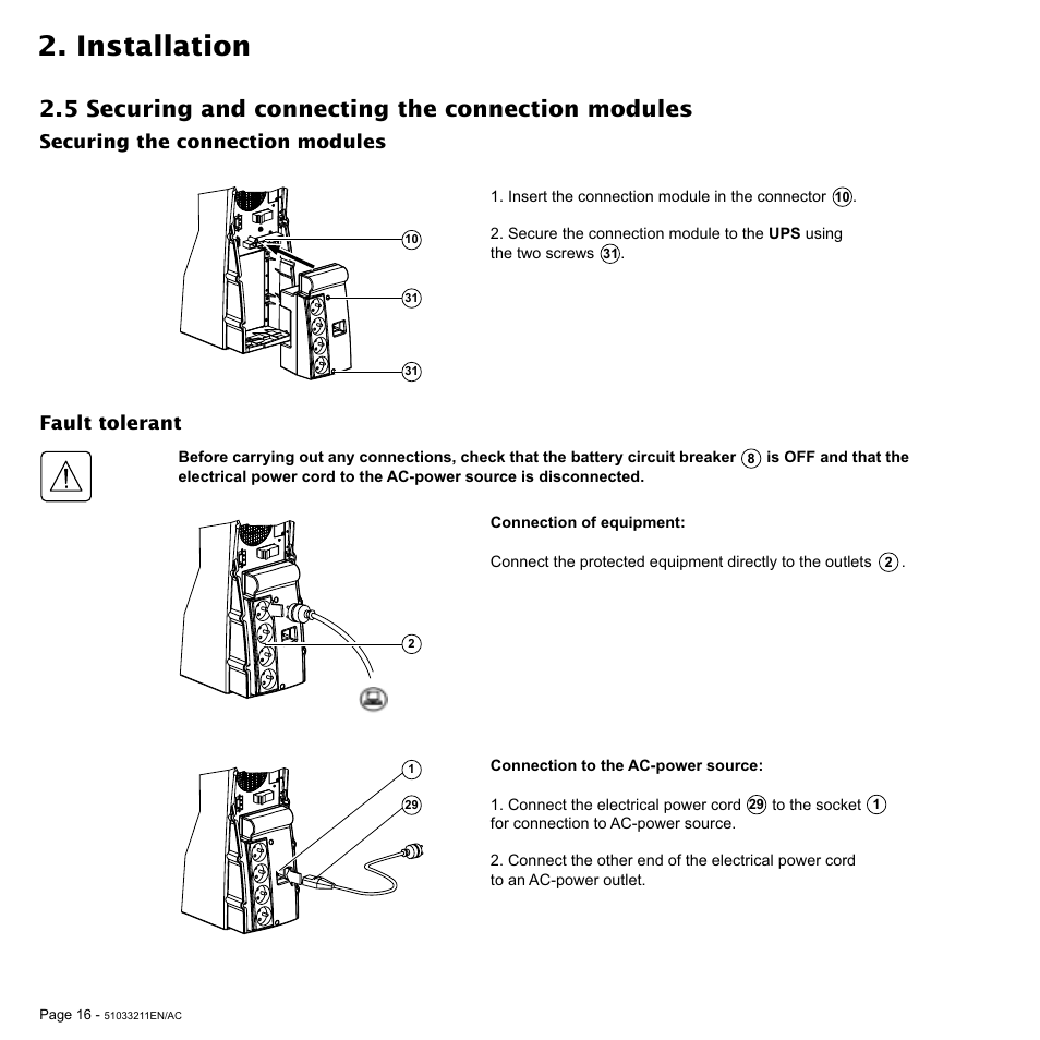 Installation, 5 securing and connecting the connection modules, Fault tolerant | Securing the connection modules | MGE UPS Systems 3000 VA User Manual | Page 16 / 34