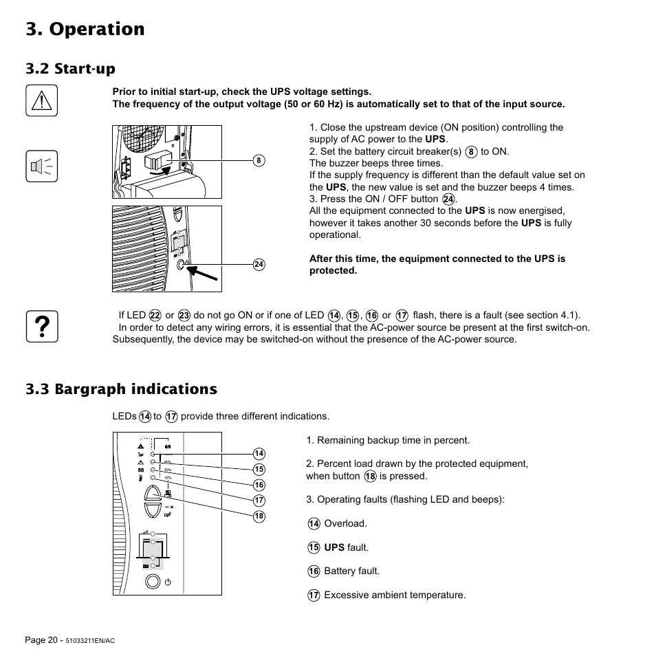 Operation, 3 bargraph indications, 2 start-up | MGE UPS Systems 3000 VA User Manual | Page 20 / 34