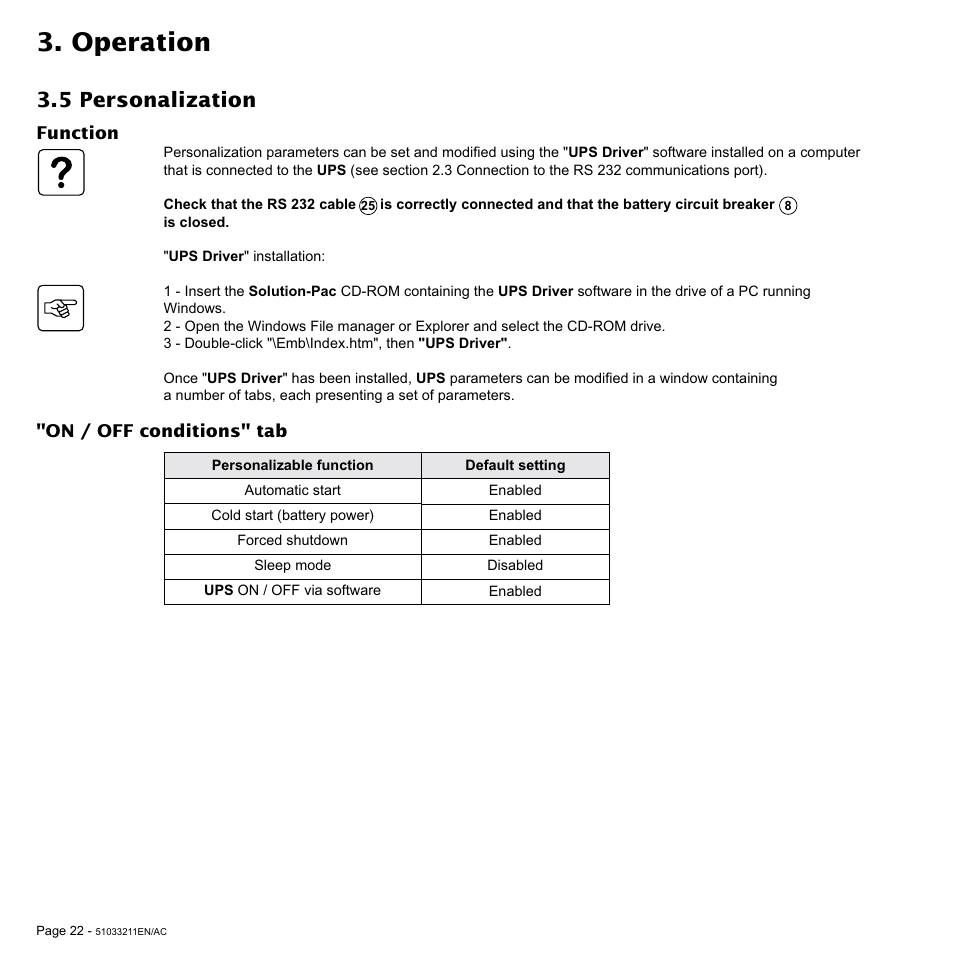 Operation, 5 personalization | MGE UPS Systems 3000 VA User Manual | Page 22 / 34