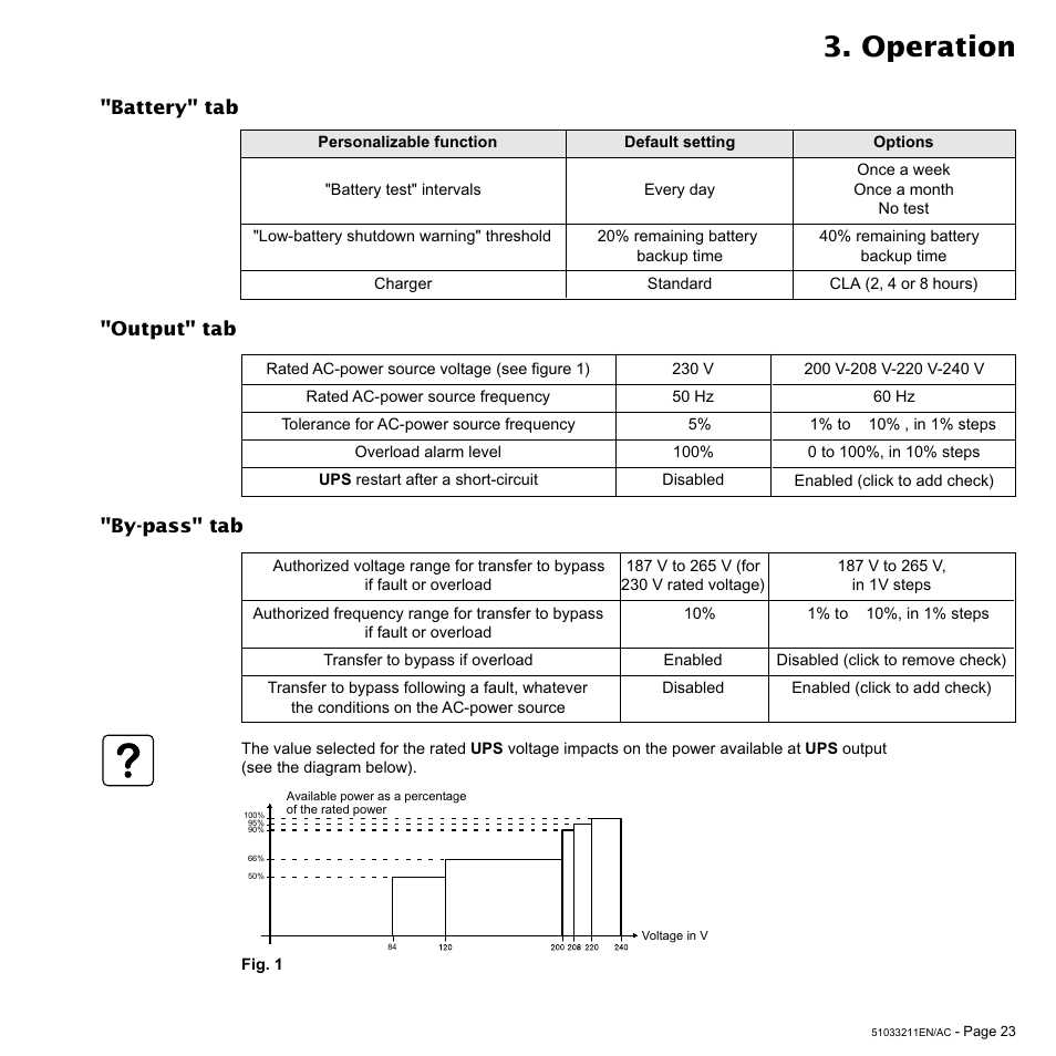 Operation, Battery" tab, Output" tab "by-pass" tab | MGE UPS Systems 3000 VA User Manual | Page 23 / 34