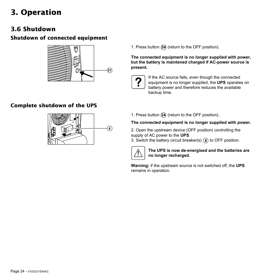 Operation, 6 shutdown | MGE UPS Systems 3000 VA User Manual | Page 24 / 34