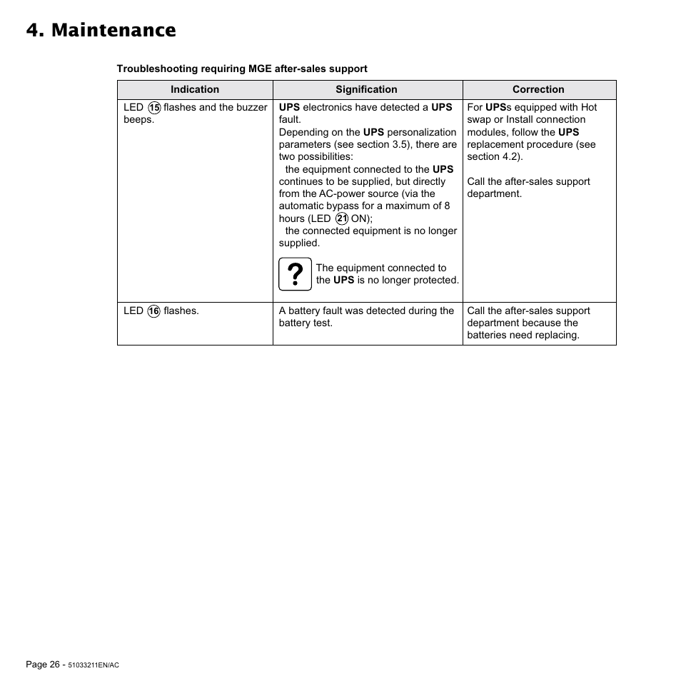 Maintenance | MGE UPS Systems 3000 VA User Manual | Page 26 / 34