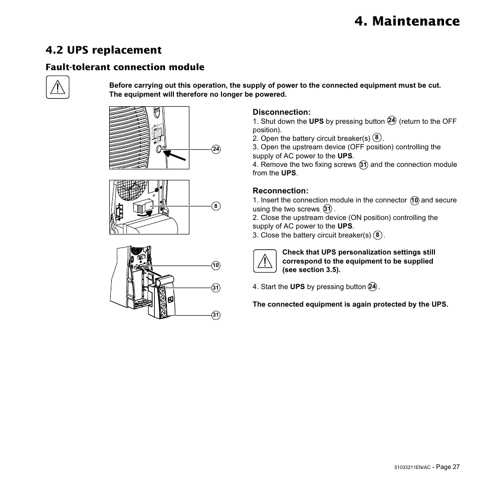 Maintenance, 2 ups replacement, Fault-tolerant connection module | MGE UPS Systems 3000 VA User Manual | Page 27 / 34