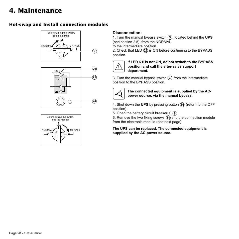 Maintenance, Hot-swap and install connection modules, Disconnection | MGE UPS Systems 3000 VA User Manual | Page 28 / 34