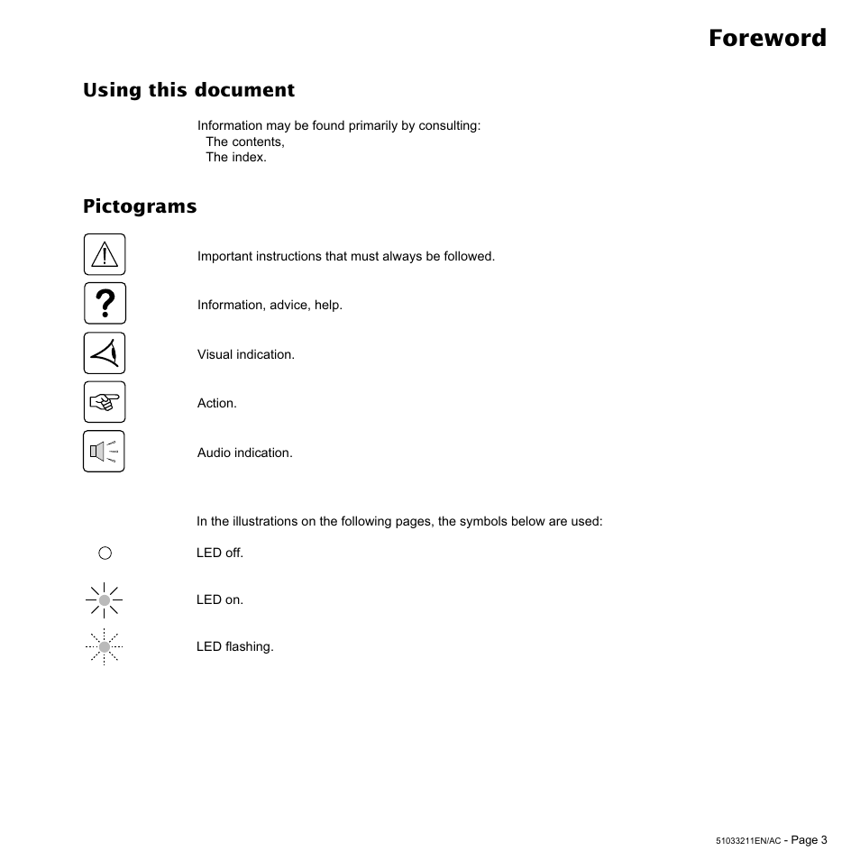 Foreword, Using this document, Pictograms | MGE UPS Systems 3000 VA User Manual | Page 3 / 34