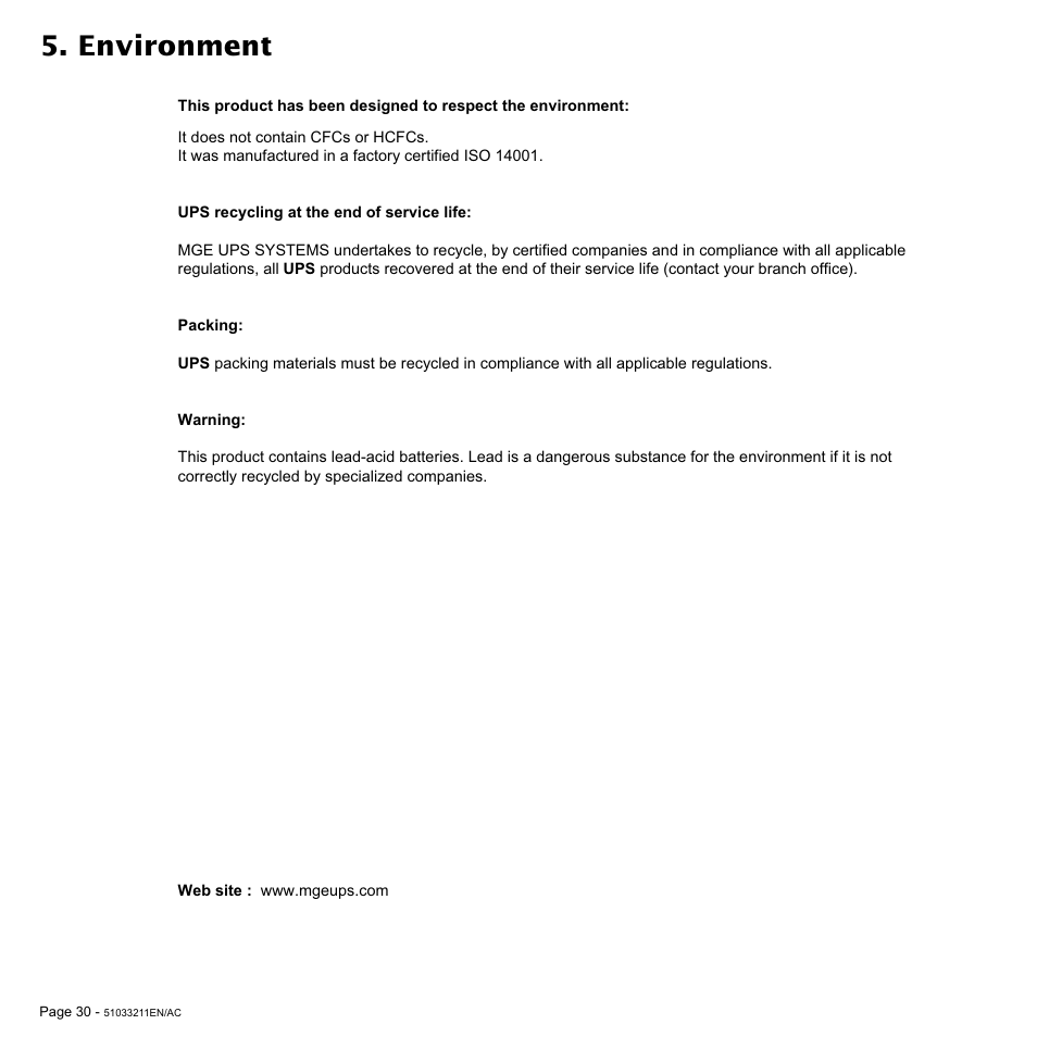 Environment | MGE UPS Systems 3000 VA User Manual | Page 30 / 34