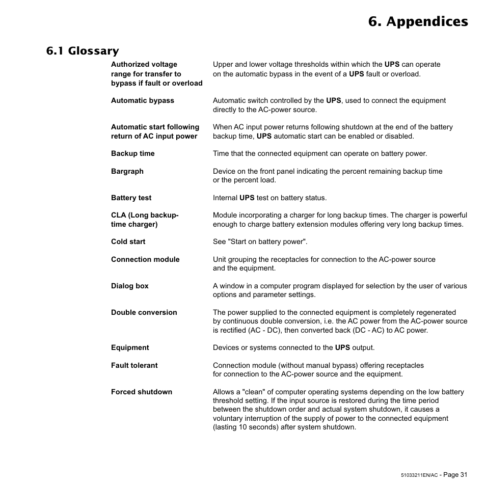 Appendices, 1 glossary | MGE UPS Systems 3000 VA User Manual | Page 31 / 34