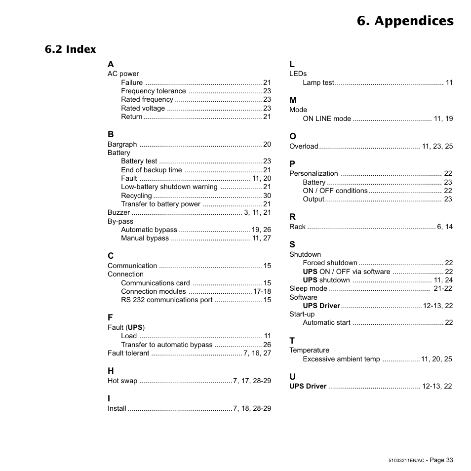 Appendices, 2 index | MGE UPS Systems 3000 VA User Manual | Page 33 / 34