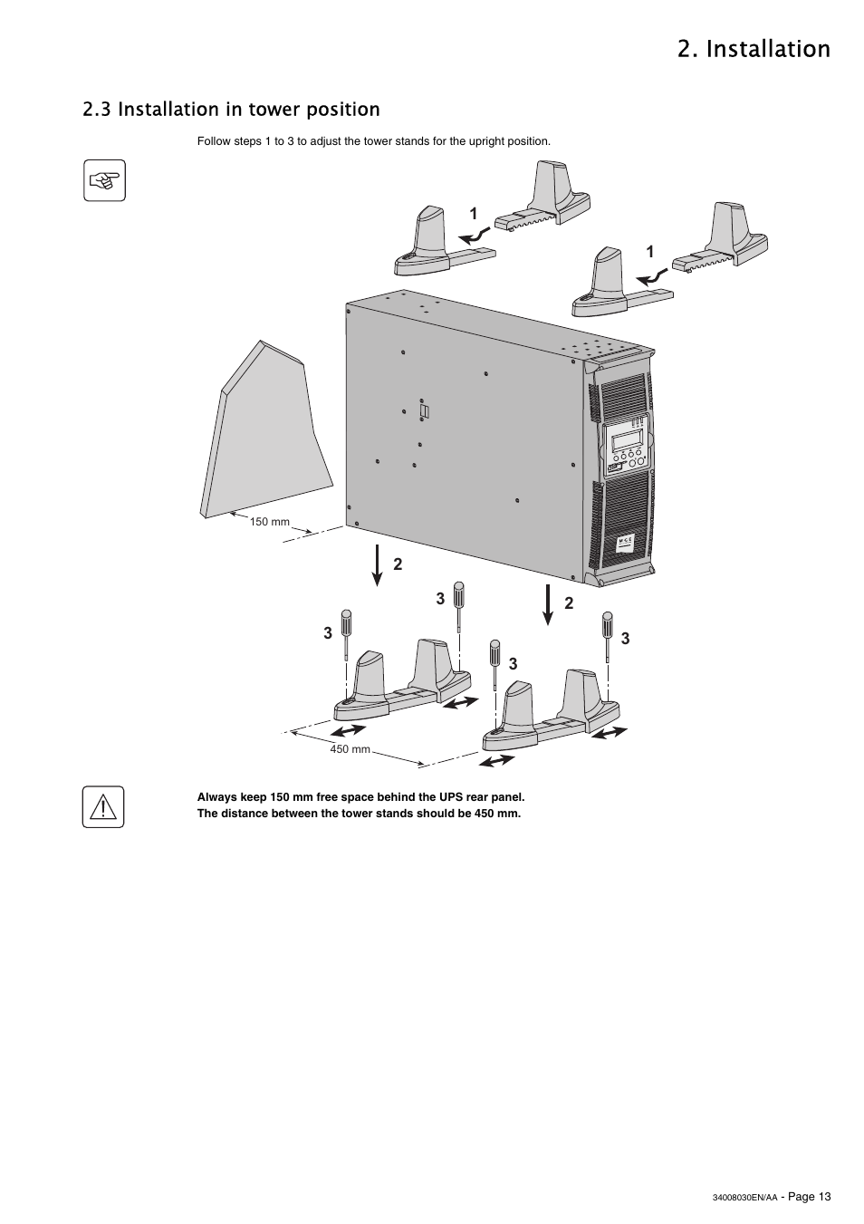 Installation, 3 installation in tower position | MGE UPS Systems 5000 RT User Manual | Page 13 / 38