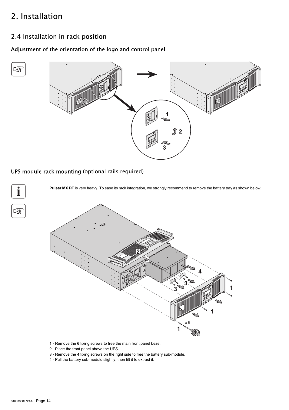 Installation, 4 installation in rack position | MGE UPS Systems 5000 RT User Manual | Page 14 / 38