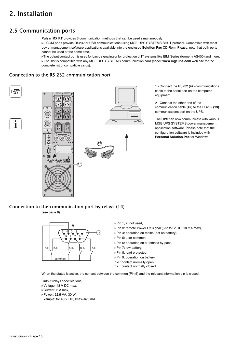 Installation, 5 communication ports, Connection to the rs 232 communication port | MGE UPS Systems 5000 RT User Manual | Page 16 / 38