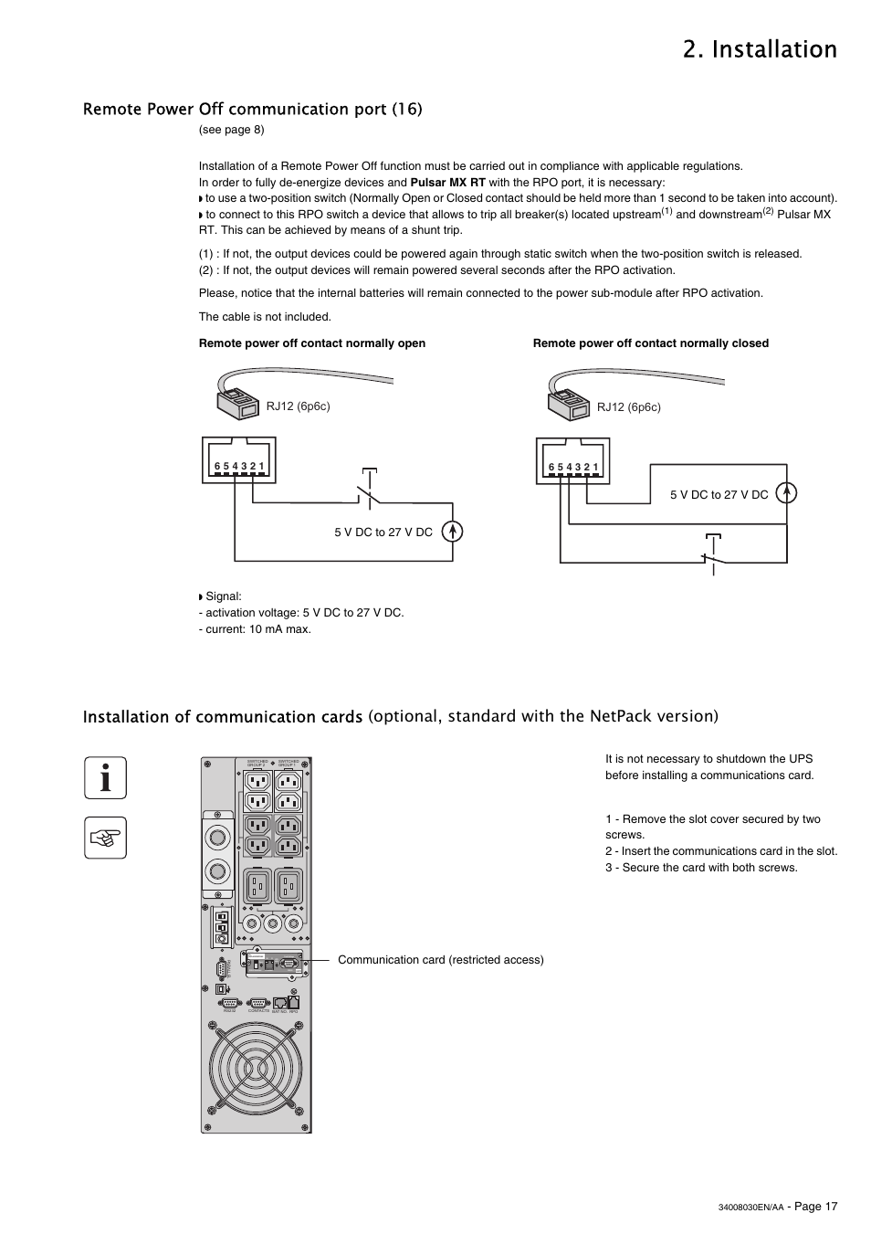 Installation, Remote power off communication port (16), 1 2 on | MGE UPS Systems 5000 RT User Manual | Page 17 / 38