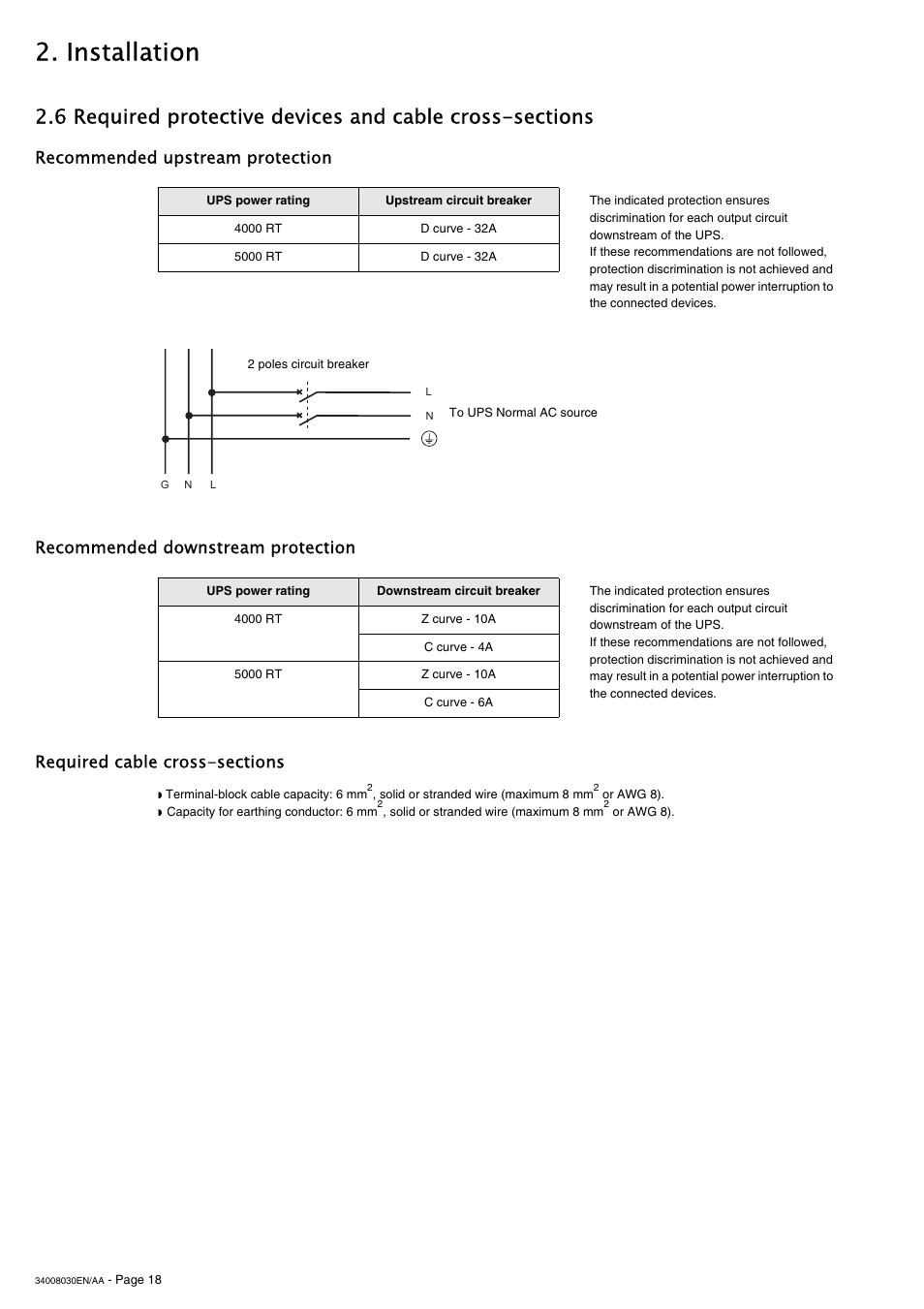 Installation, Recommended upstream protection, Recommended downstream protection | MGE UPS Systems 5000 RT User Manual | Page 18 / 38