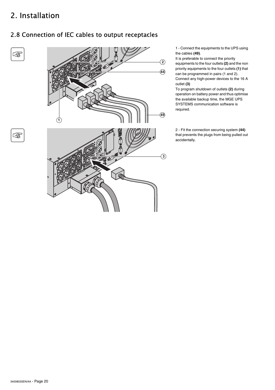 Installation, 8 connection of iec cables to output receptacles | MGE UPS Systems 5000 RT User Manual | Page 20 / 38