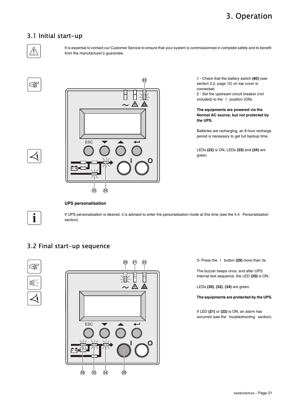 Operation, 1 initial start-up, 2 final start-up sequence | MGE UPS Systems 5000 RT User Manual | Page 21 / 38