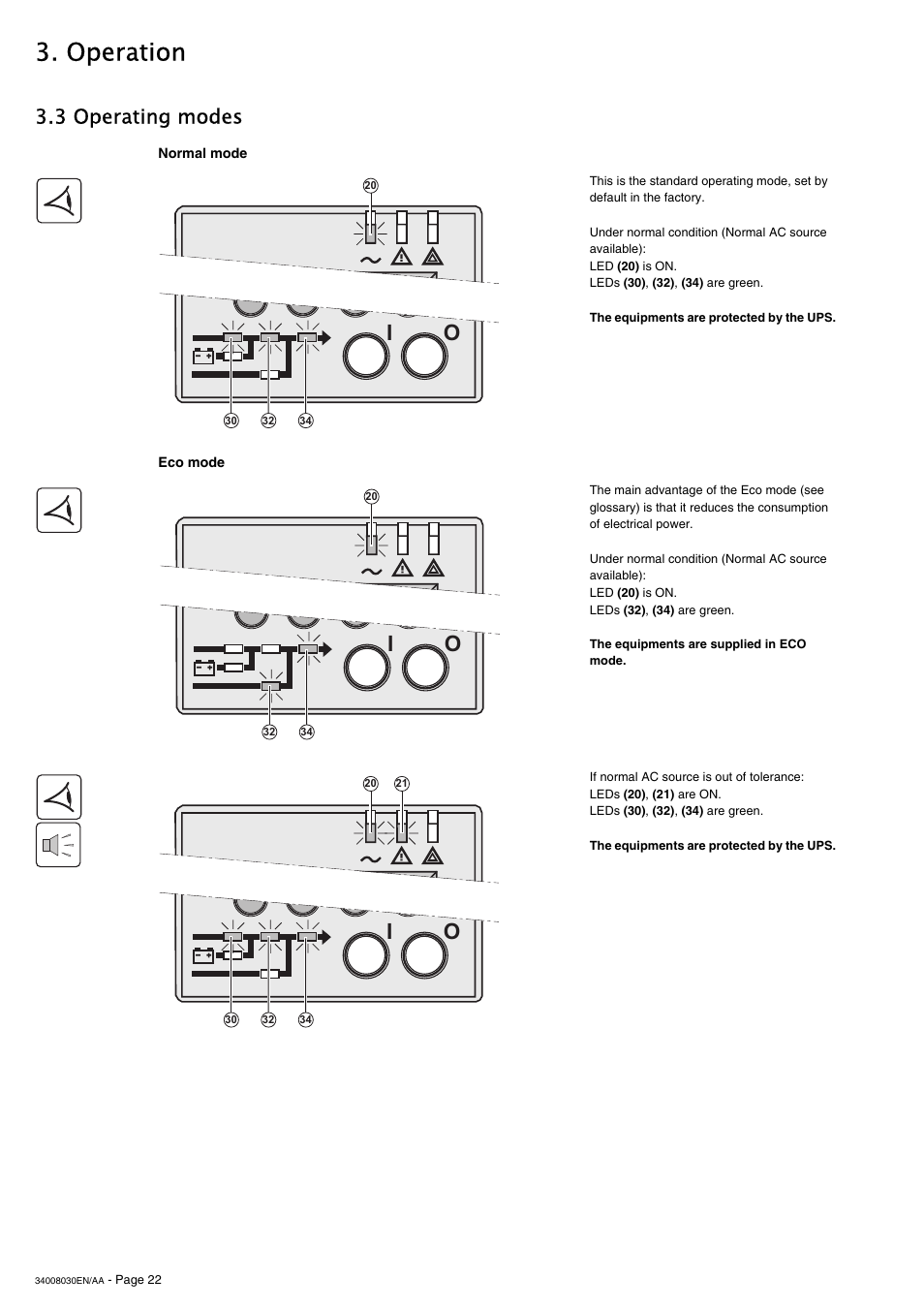 Operation, 3 operating modes | MGE UPS Systems 5000 RT User Manual | Page 22 / 38