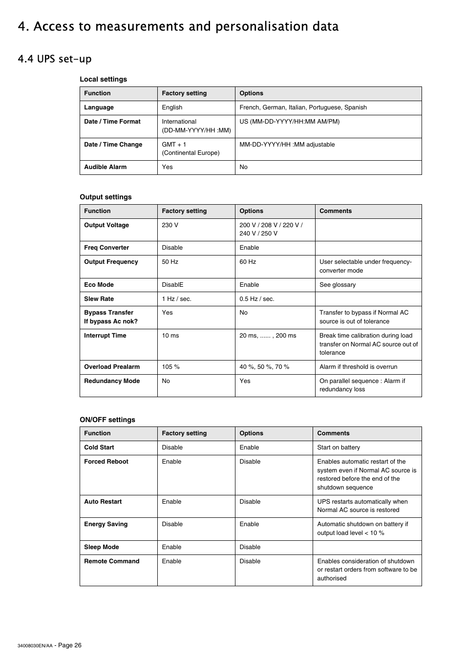 Access to measurements and personalisation data, 4 ups set-up | MGE UPS Systems 5000 RT User Manual | Page 26 / 38