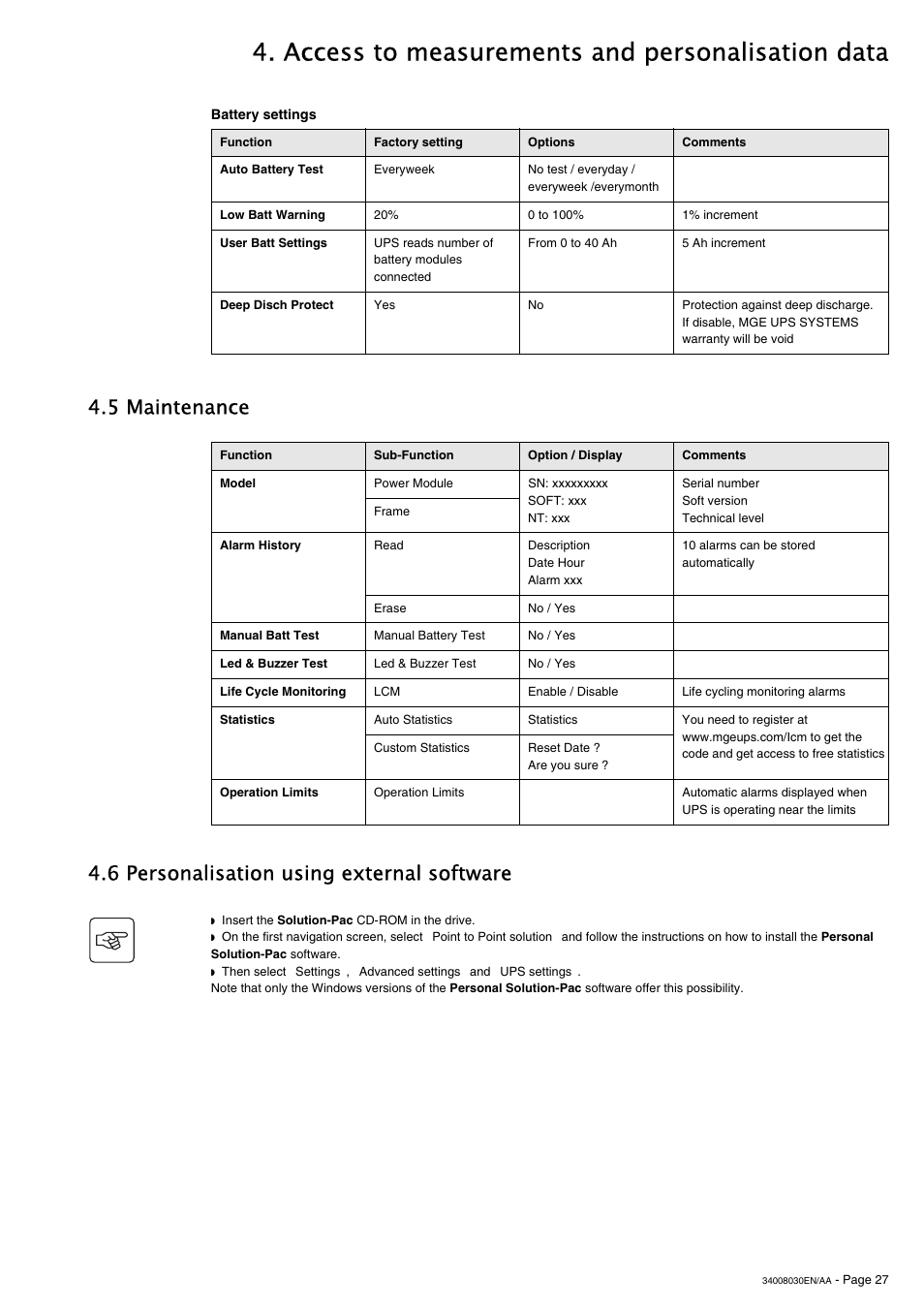 Access to measurements and personalisation data, 5 maintenance, 6 personalisation using external software | MGE UPS Systems 5000 RT User Manual | Page 27 / 38