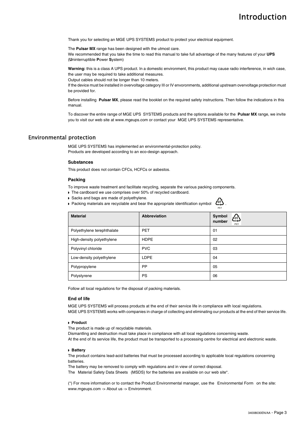 Introduction, Environmental protection | MGE UPS Systems 5000 RT User Manual | Page 3 / 38