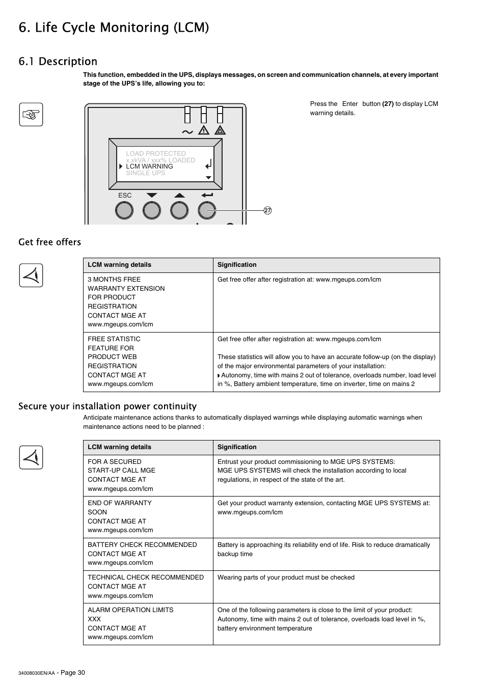 Life cycle monitoring (lcm), 1 description, Get free offers | Secure your installation power continuity | MGE UPS Systems 5000 RT User Manual | Page 30 / 38