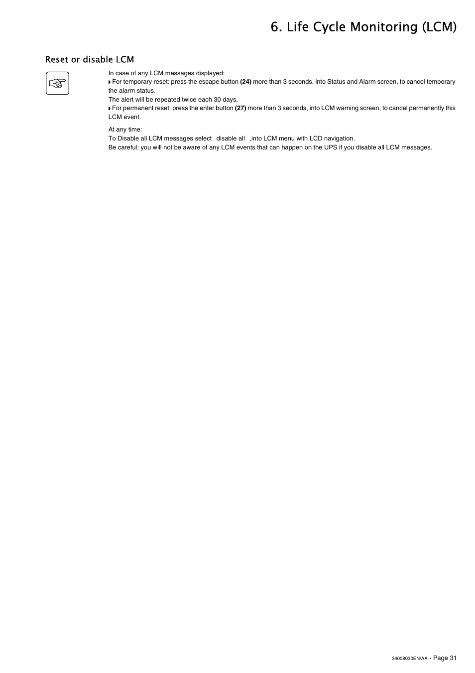 Life cycle monitoring (lcm), Reset or disable lcm | MGE UPS Systems 5000 RT User Manual | Page 31 / 38